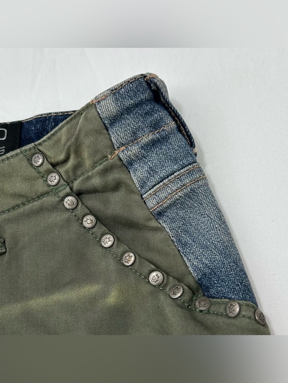 Vintage Late 90s Y2K Parasuco Patchwork Midi Skirt Denim Army Green Size 2 Rare - Picture 8 of 11